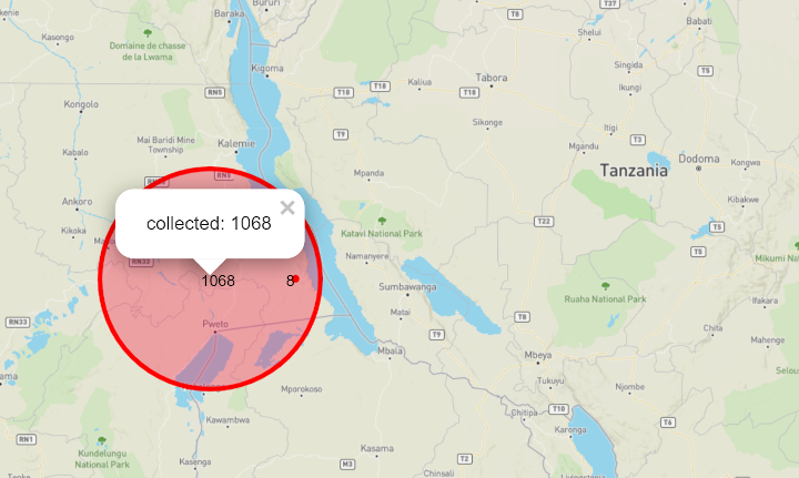 Visualizing number of bottles detected and collected in a region of Africa